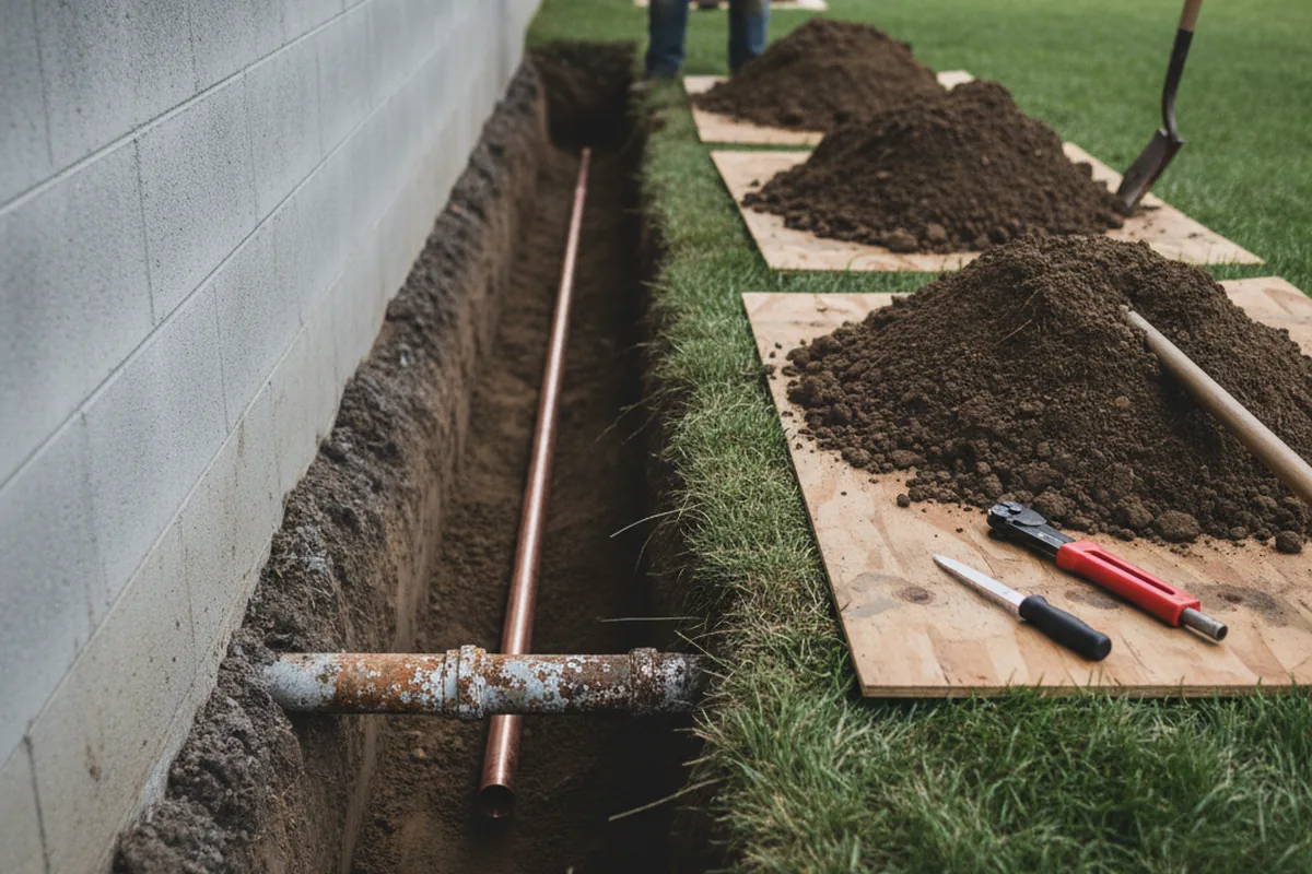 Excavated water line trench during Sewer Line Repair in Pattersonville